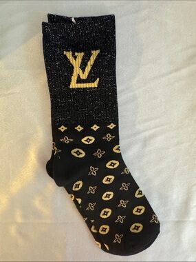 New! Louis Vuitton Luxury-Inspired Men's Black & Gold Logo Crew Socks